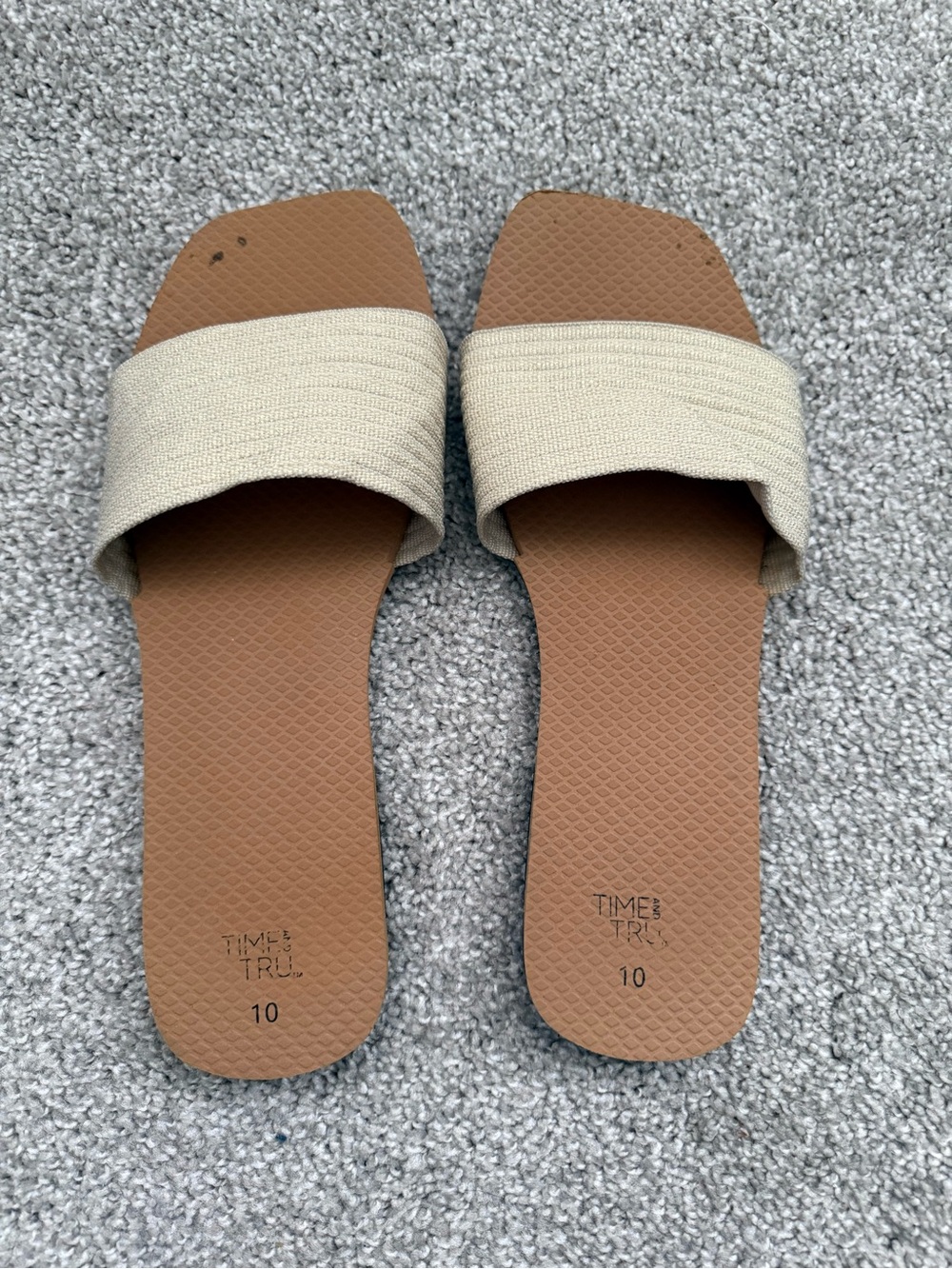 Time and Tru Tan Footbed Slide Sandals with Cream Fabric Strap